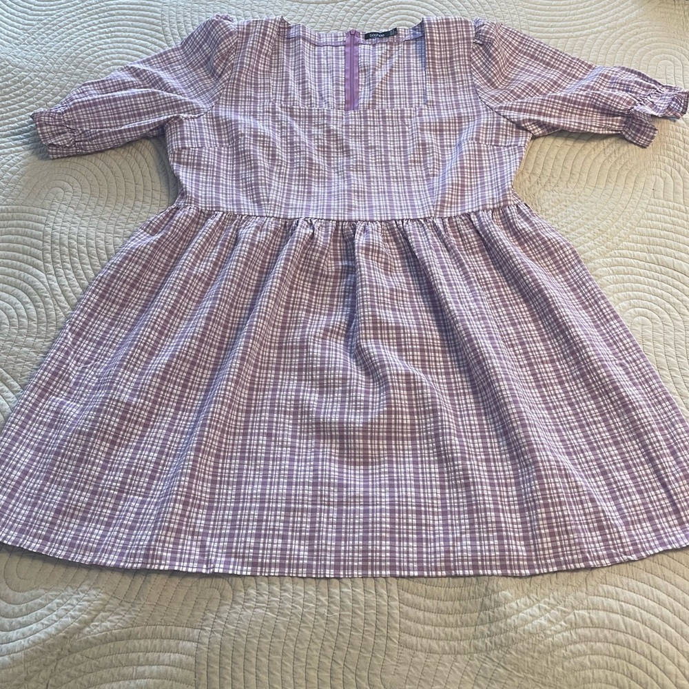 Purple and White Plaid Short Sleeve Mini Dress